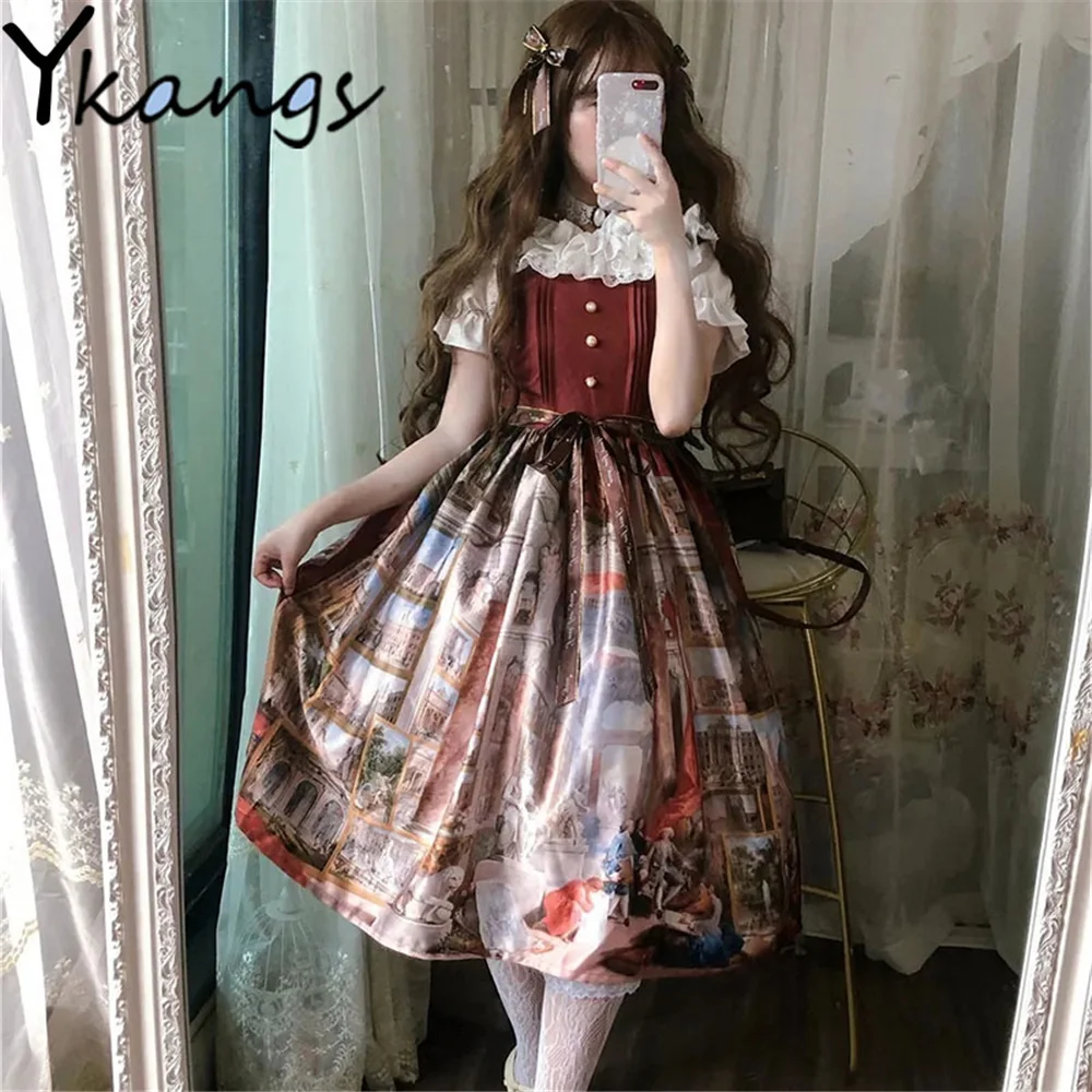 Милые летние платья в стиле Лолиты без рукавов с винтажным принтом новинка