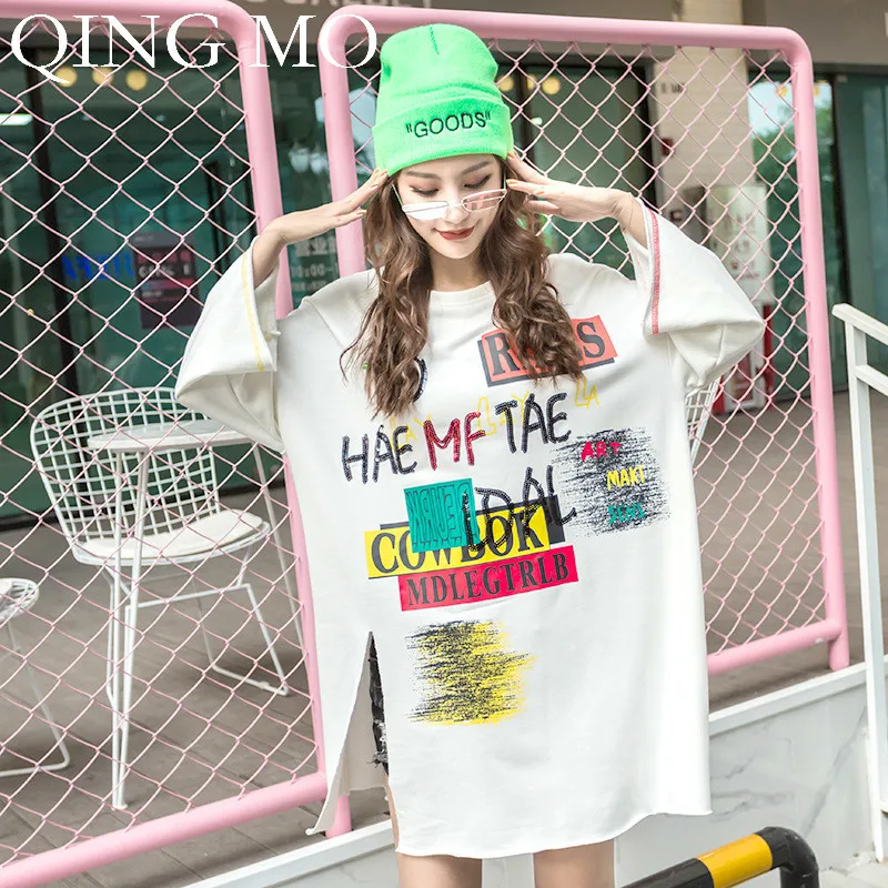 QING MO модная брендовая женская футболка с буквенным принтом черная белая зеленая