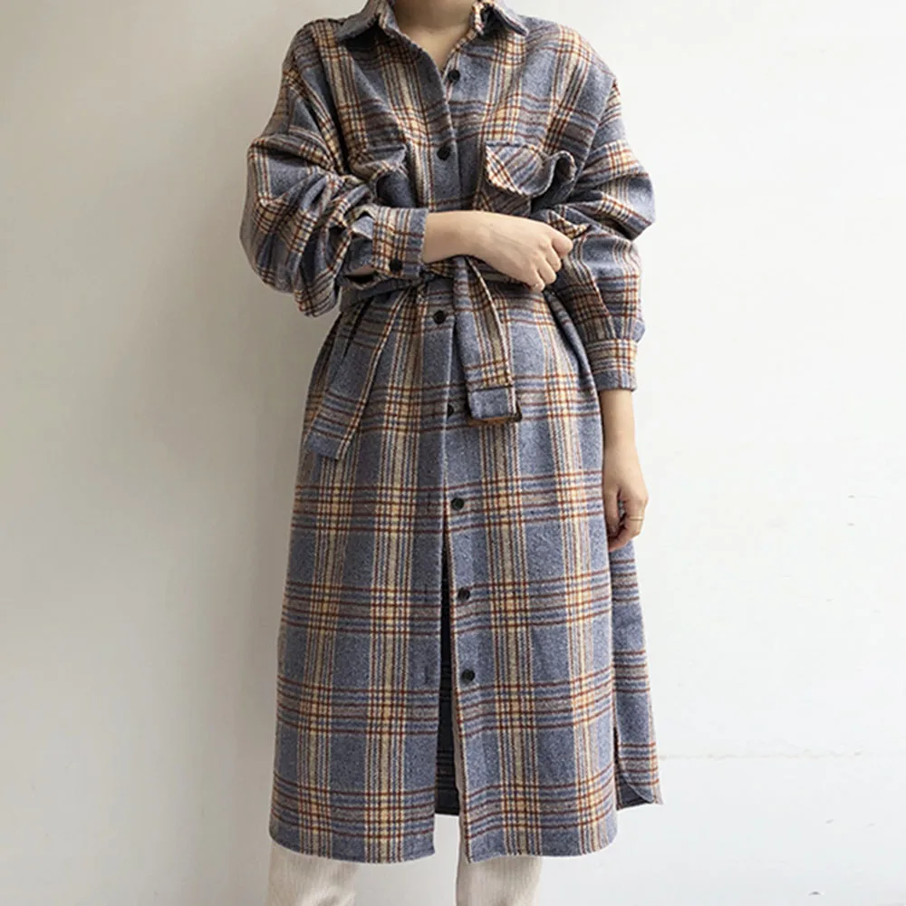 

Korean Style Chic Retro British Style Colorful Plaid Lapel Single-breasted Casual Long Overcoats Loose Long Sleeves Wool Blend