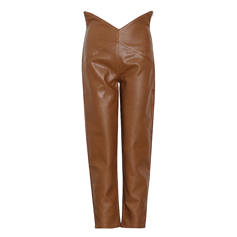 

High Quality 2020 New Fashion Casual Nine-point Pants Irregular Waist Harem Pants High Waist Women Pants Leather Three Colors