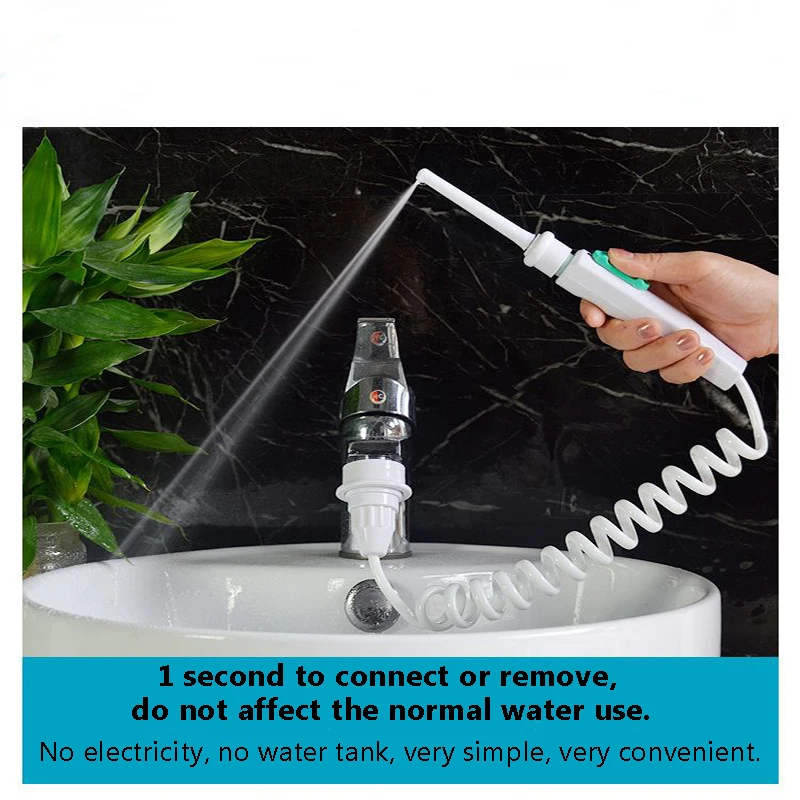 Оральный ирригатор для чистки зубов с переключателем, насадкой для зубной щетки, ирригатором для зубов, зубной щеткой, дентальным кушеткой и краном.