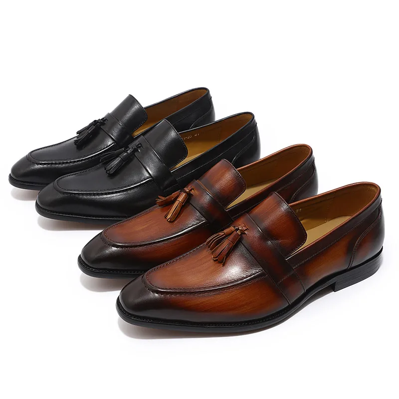 Туфли мужские из натуральной кожи лоферы с бахромой без застежки повседневная