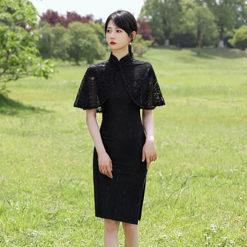 

Lace Cloak Evening Party Dress Gown Sheath Summer New Vintage Cheongsam Women Chinese Style Qipao Mandarin Collar Sexy Vestidos