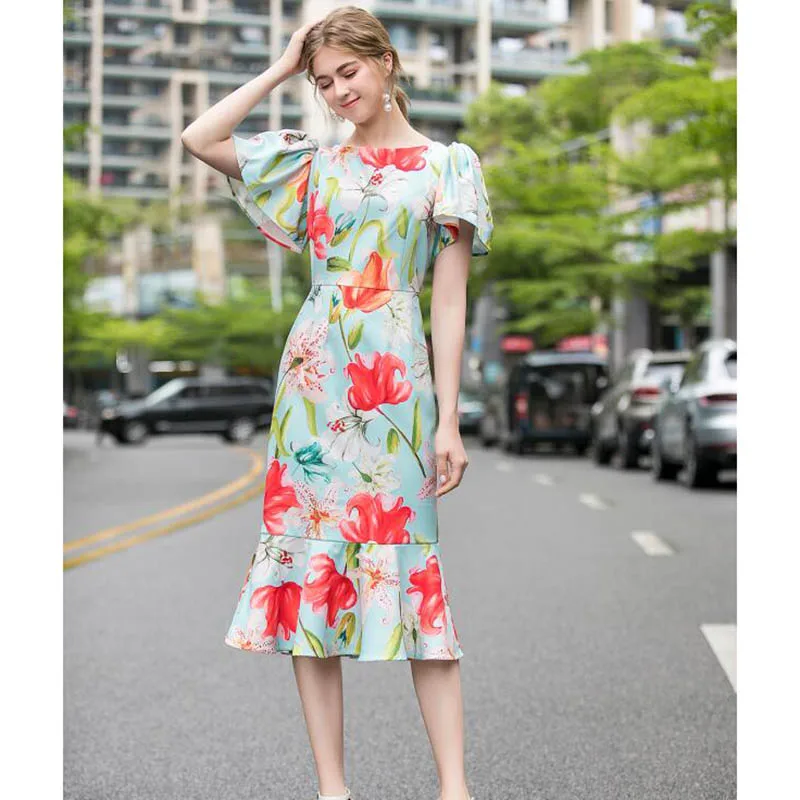 

Women Runway Dress 2020 High Quality Spring Summer O-Neck Short Sleeves Print Casual Mermaid Dresses Vestidos NP1011N