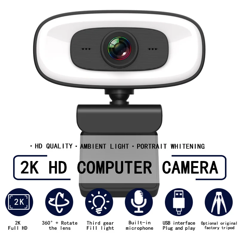 

2K Webcam with Light, Mini Full HD Web Camera with Microphone USB Cam and Tripod, for Video Conference Youtube Computer Laptop