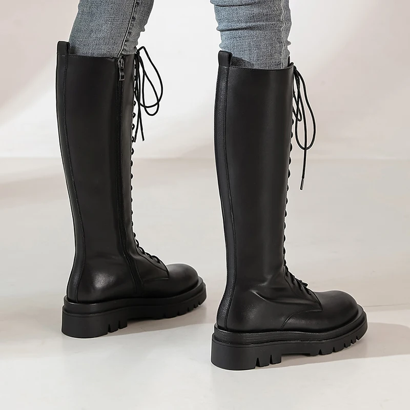 Beli Ukuran 34-39 Fashion Wanita Cross Tali Sepatu Kulit Musim Gugur Musim Dingin Sepatu Bot Setinggi Lutut Wanita Tebal Sole Platform Pasang Kaos Mujer