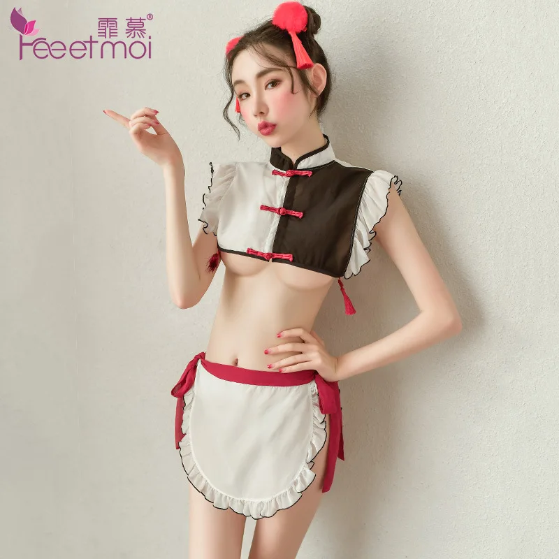

Забавное пикантное нижнее белье в китайском стиле для косплея, нижнее белье, милая Униформа горничной, Классическая эротическая ночная рубашка, мини-юбка, наряд