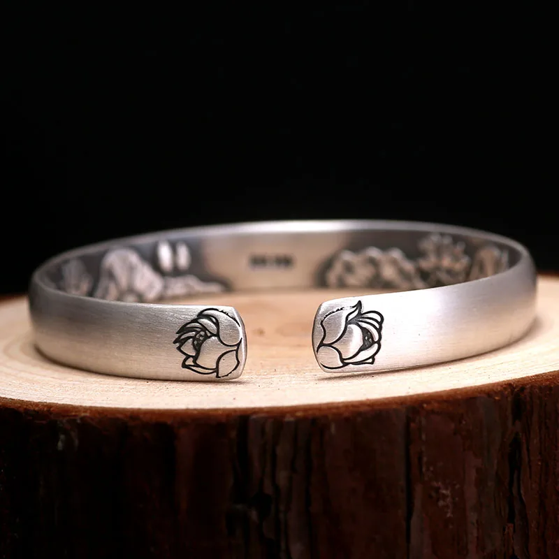 ZABRA Solid Pure 999 Sterling Silver 8mm Lotus Vintage Open Cuff Bracelet Women Guanyin Hand Trendy Rock Bangles Jewelry | Украшения и