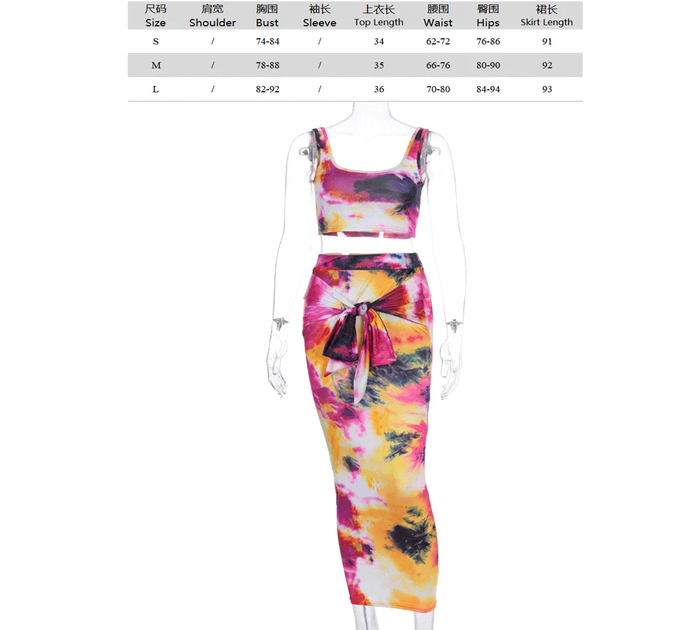

Imcute Women Tie Dyeing Sling Vest Skirts Outfits Clubwear 2 Piece Set U Neck Cropped Camisole High Waist Front Bandage Skirts