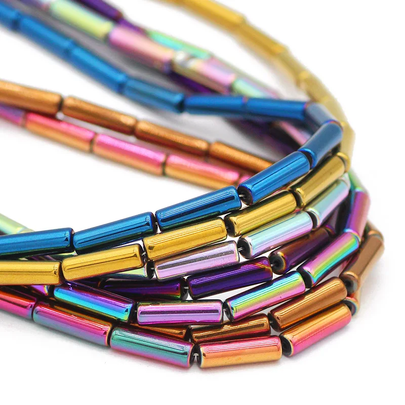 

13X4MM 30pcs Natural Stone Blue,Gold color,Red Long Cylinder Hematite Spacers Loose Beads For DIY Jewelry Making Bracelet