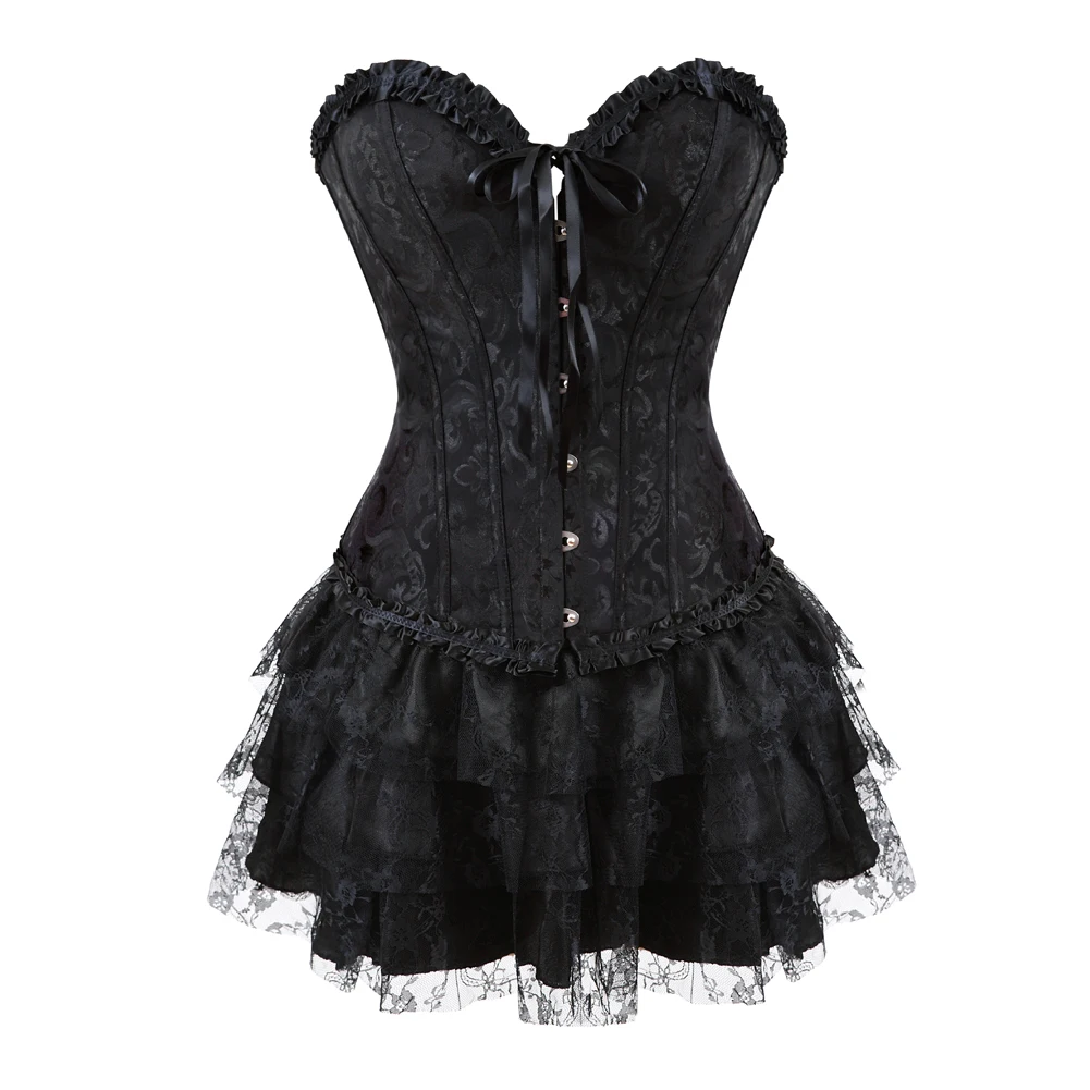 Corset Dress for Women Plus Size Costume Overbust Burlesque and Skirt Set Tutu Corselet Victorian Fashion Black