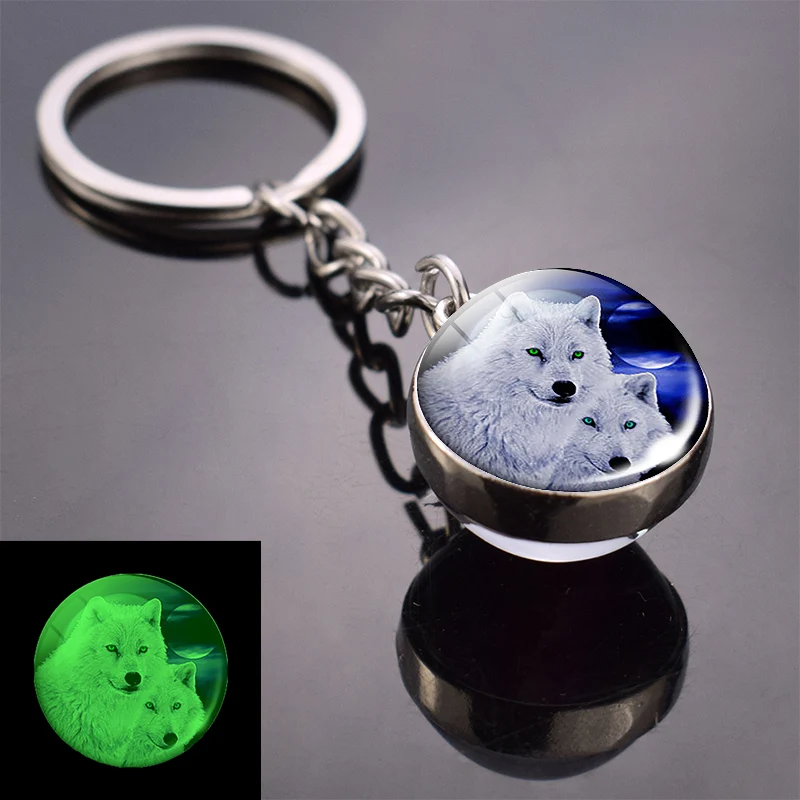 As show 15 Glow in Dark Jewelry Howling Wolf Keychain Wolf Luminous Glass Cabochon Pendant Keyring Double Side Glass Ball Keychain - Цвет: As show 15