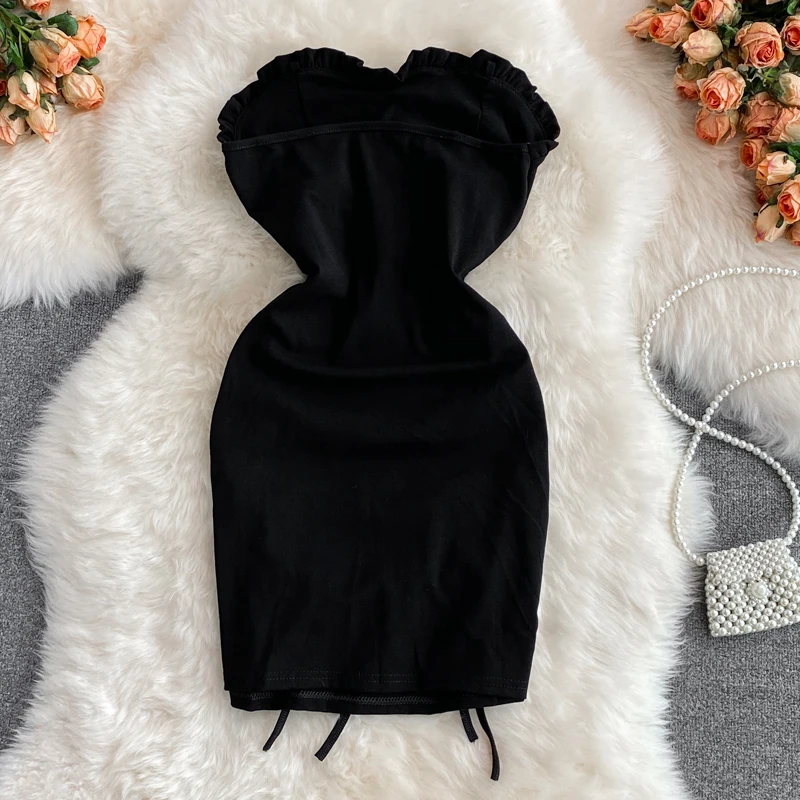 

Sexy Drawstring Bodycon Dress Black Slash Neck Off Shoulder High Waist Strapless Mini Robe Elegant Party Vestidos Female 2021