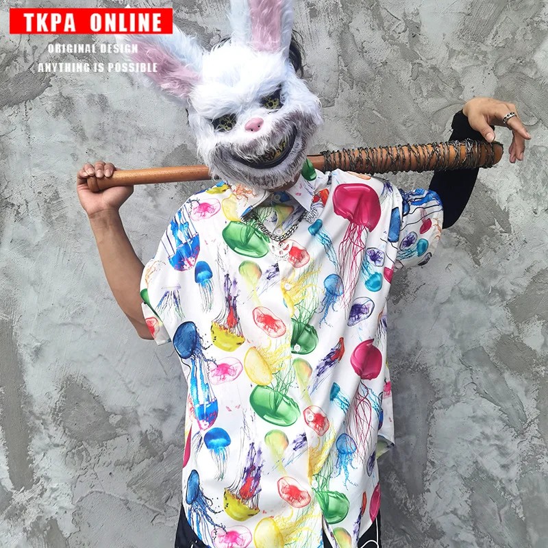 

jellyfish printed turn down collar loose shirt men clothing 2021