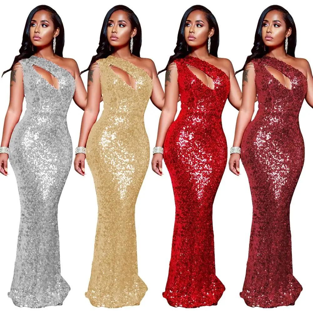 Stylish sequins slant shoulder style sexy dress temperament woman tight to the ground dinner party casual suit | Женская одежда