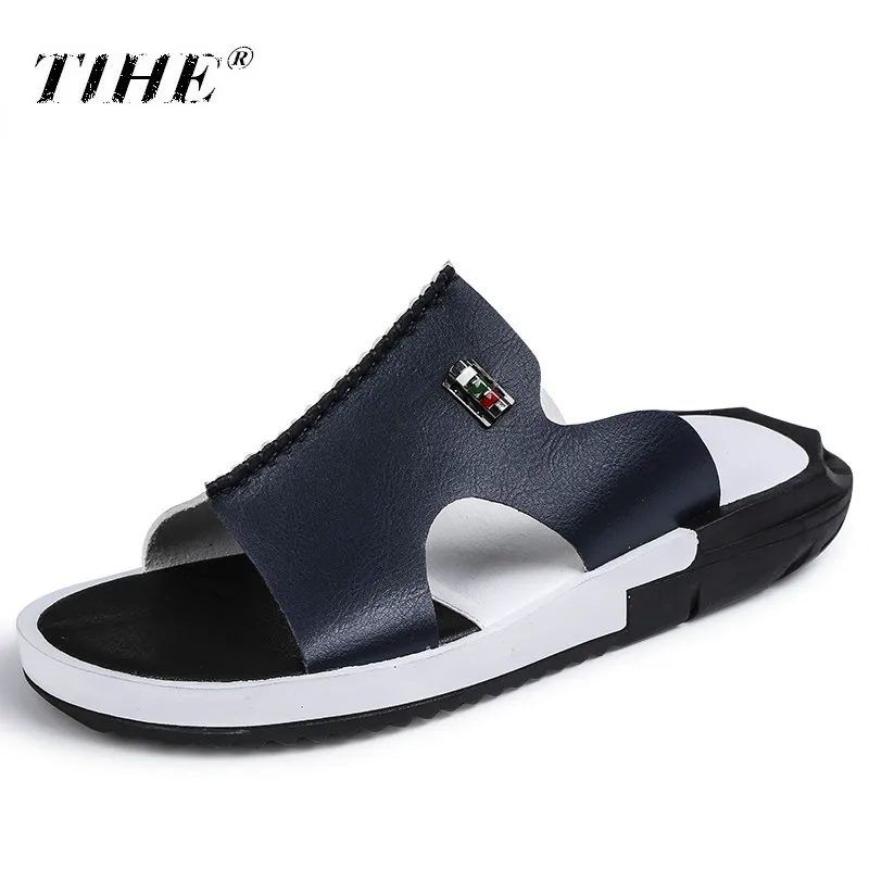 

Hot Sandals Men Summer Slippers 2019 Fashion Peep Toe PU Flip Flops Shoes Male Outdoor Non-slip Flat Beach Slides Big Size 38-46
