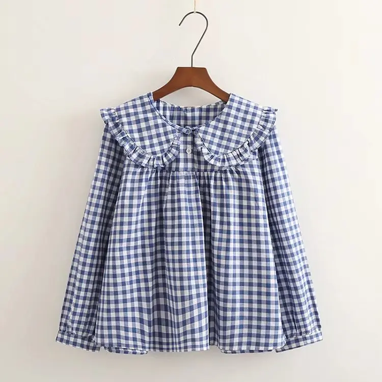 

Women Plaid Shirt Long Sleeve Spring Summer Tops Ladies Japanese Mori Girl Peter pan Collar Cute Baby doll Cotton White Blouses