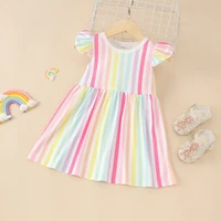 summer kids dresses for girls baby girl clothing cotton flying sleeve colorful rainbow striped girls dresses baby clothes 0 6y