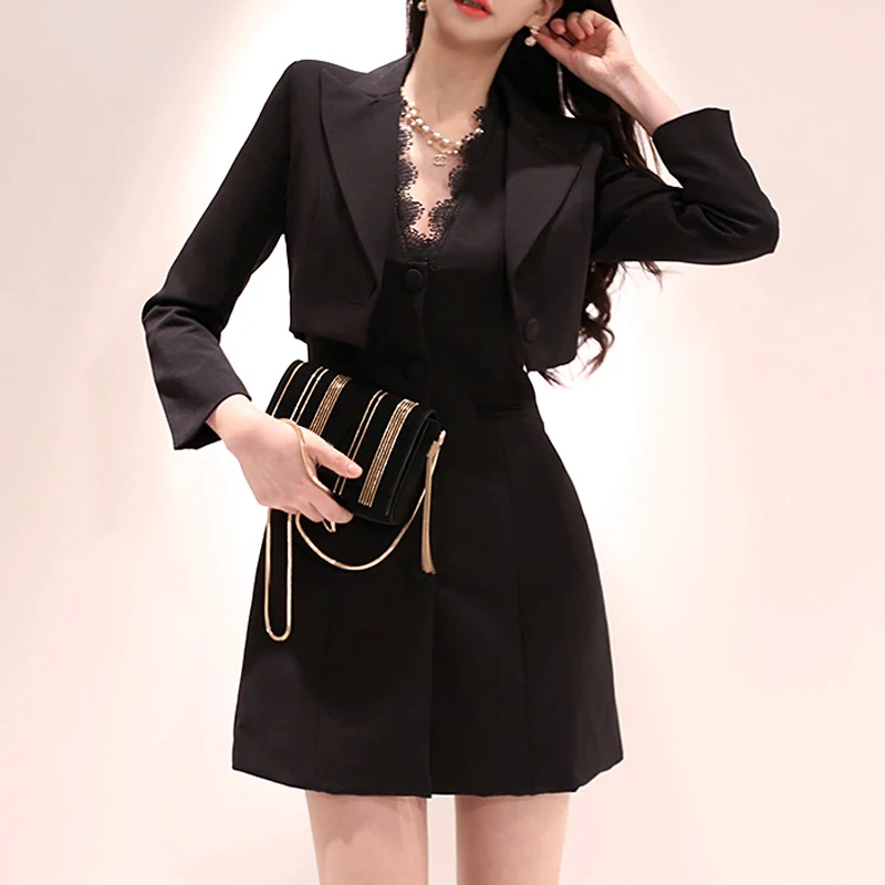 

Fashion short wild suit new arrival elegant sleeveless lace mini a-line dress 2 pieces sexy high quality work style women set