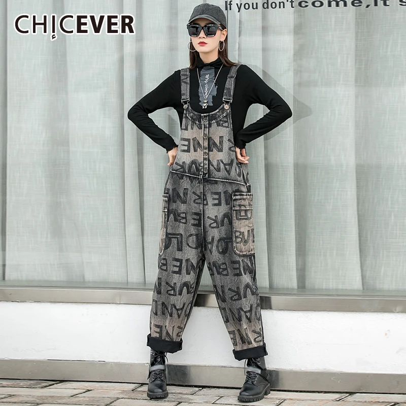 

CHICEVER High Street джинсовые комбинезоны без рукавов, лоскутные карманы, высокая талия, принт, длинные широкие брюки, женские 2021, осенний стиль
