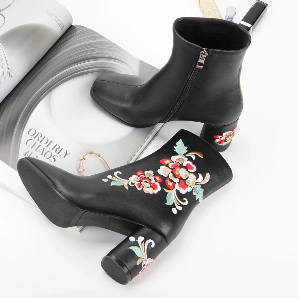 

BONJOMARISA New Embroidery high-quality Heels Elegant Chic Winter Shoes Boots Women Big Size 43 Office Lady Ankle Boot Female