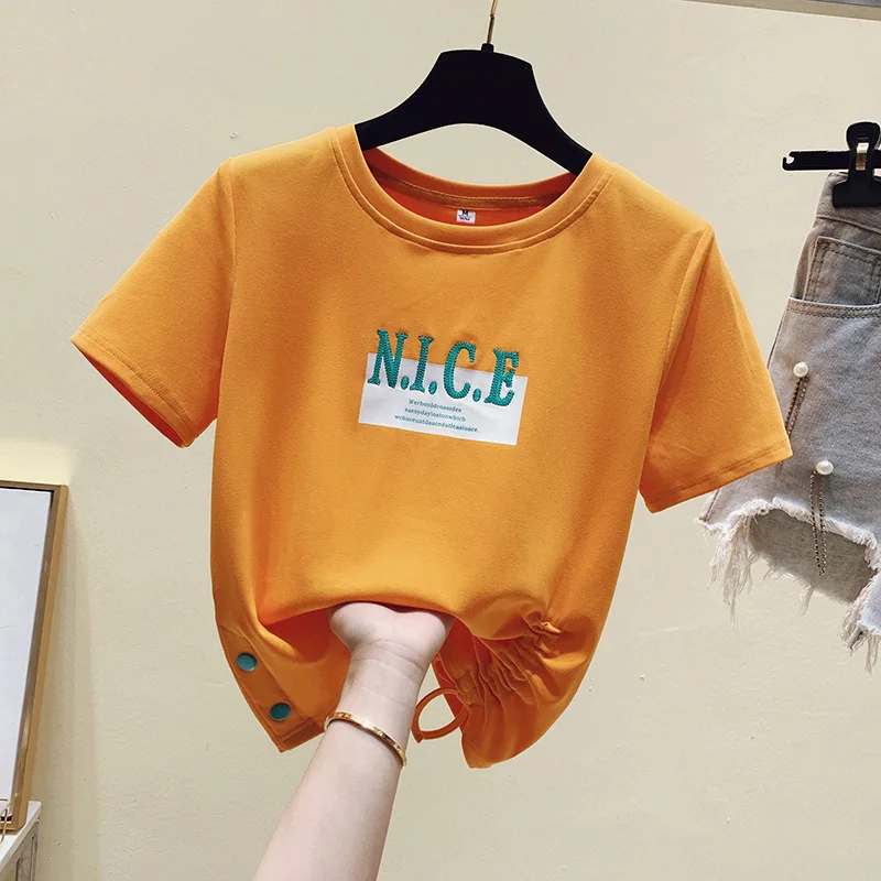 

Летние Новые короткие тонкие женские модные топы, повседневные женские футболки со складками, топы, Корейская футболка, y2k Топ