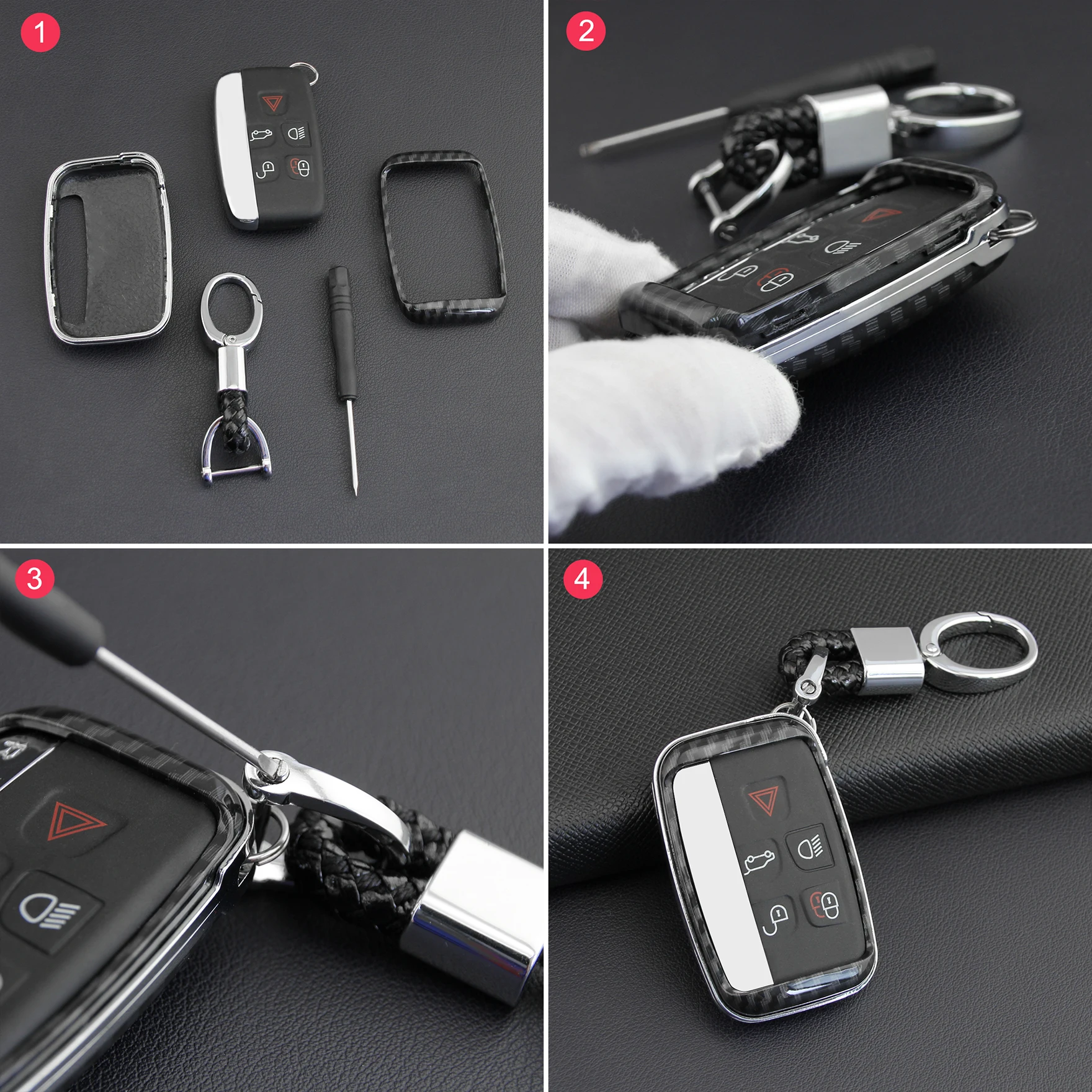 For Land Rover Jaguar Car Key Fob Case Cover Chain Carbon Fiber Range Rover Sport Evoque Velar LR4 Discovery 4 5 XE XF XJ F-PACE