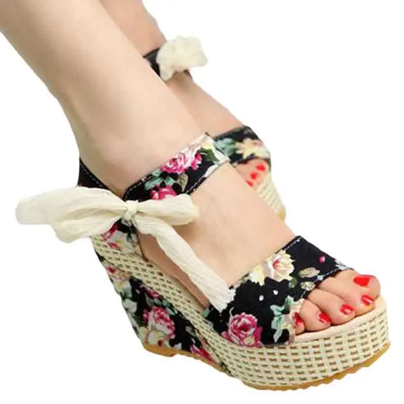 

Lace Shoes Gladiator Women 2020 Summer Sweet Flowers Buckle Open Toe Wedge Sandals Floral high-heeled Shoes Platform Sandals