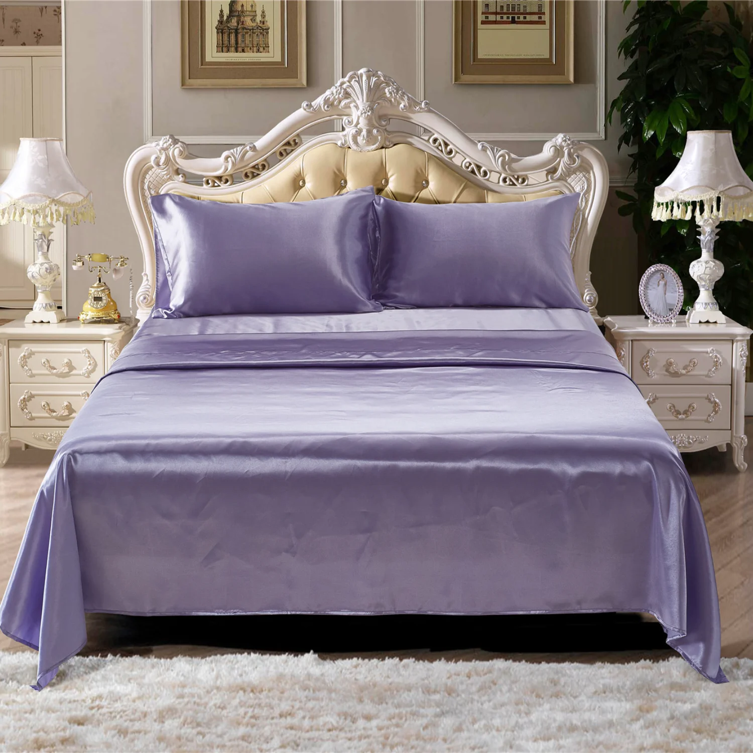 

4 Pcs Solid Color Bed Sheet Set Silk Bed Sheets Fitted Sheet Pillowcases Queen Bed Sheets Black Queen Sheets