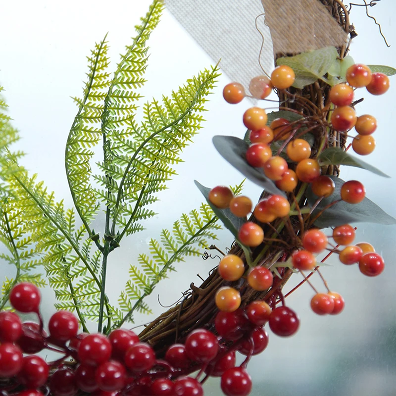 

Christmas Artificial Red Berry Wreath Green Leaf Lattice Bow Half-Covered Hanging Flower Ring Day Decoration High Quality