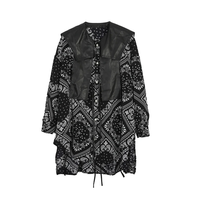 

Autumn Dress Women Winter Sheepskin O-Neck Knee Length Dress Real Leather Long Sleeve Chiffon Mesh Spliced Printing Dress Female