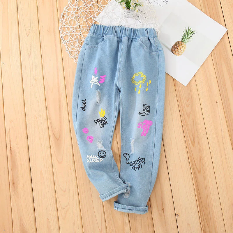 2020 джинсы для девочек на весну и осень модные брюки с мультяшным принтом медведя