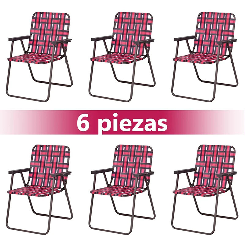 

6 Pcs Folding Beach Chair Stable Reinforced Steel Frame High Quality Fade Resistant Webbing Portable Camping Lawn Webbing Chair