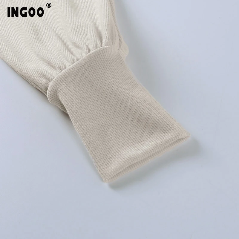 

INGOO Khaki Pullover Sweater Skirt Set Knitted Autumn Winter Long Puff Sleeve Pocket Tracksuits Elegance Slim 2 Pieces Set