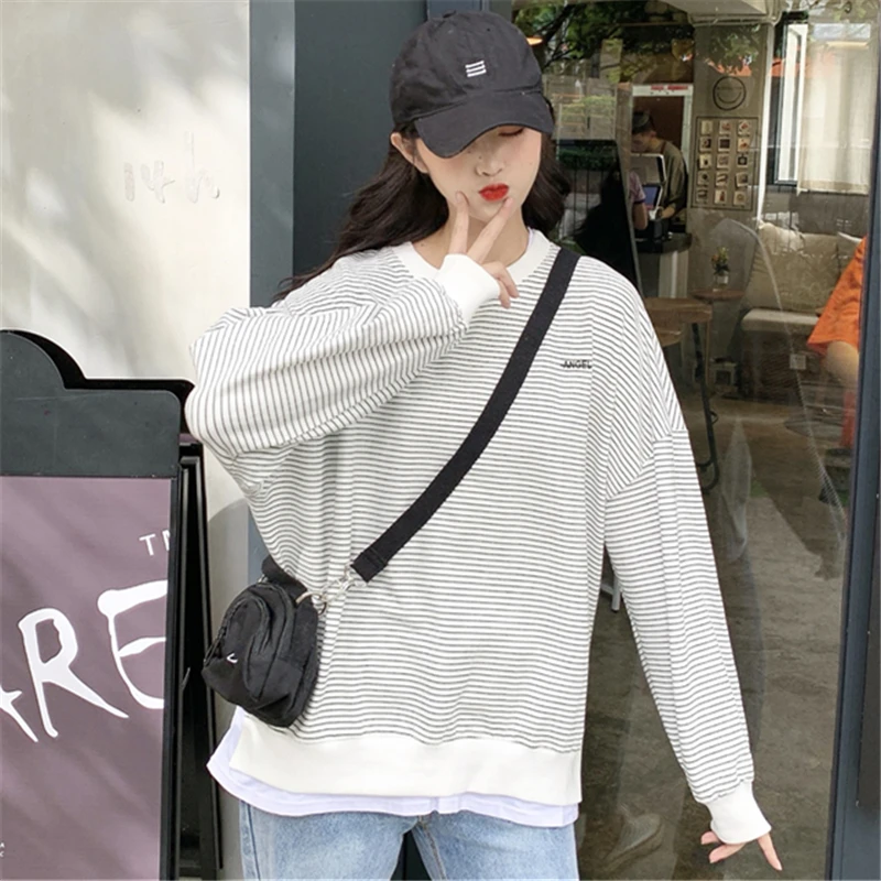

2019 Harajuku Black White stripes Sweatshirt Women Long Sleeve Hoodie Loose Women Hoodies Sweatshirts Casual Tracksuit Mujer