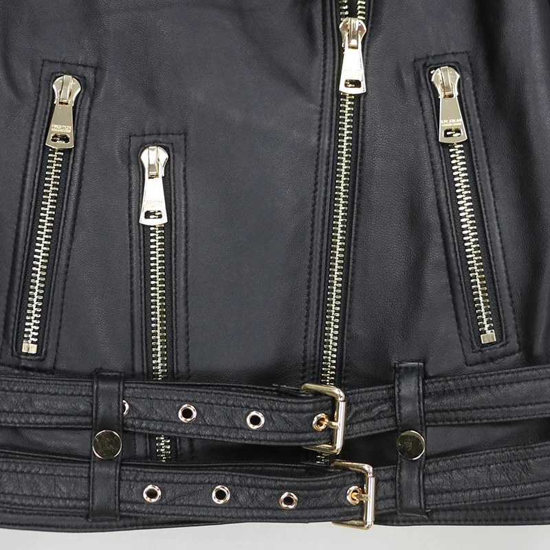 Весенняя женская куртка из натуральной кожи 2020 модная овечьей с поясом на молнии