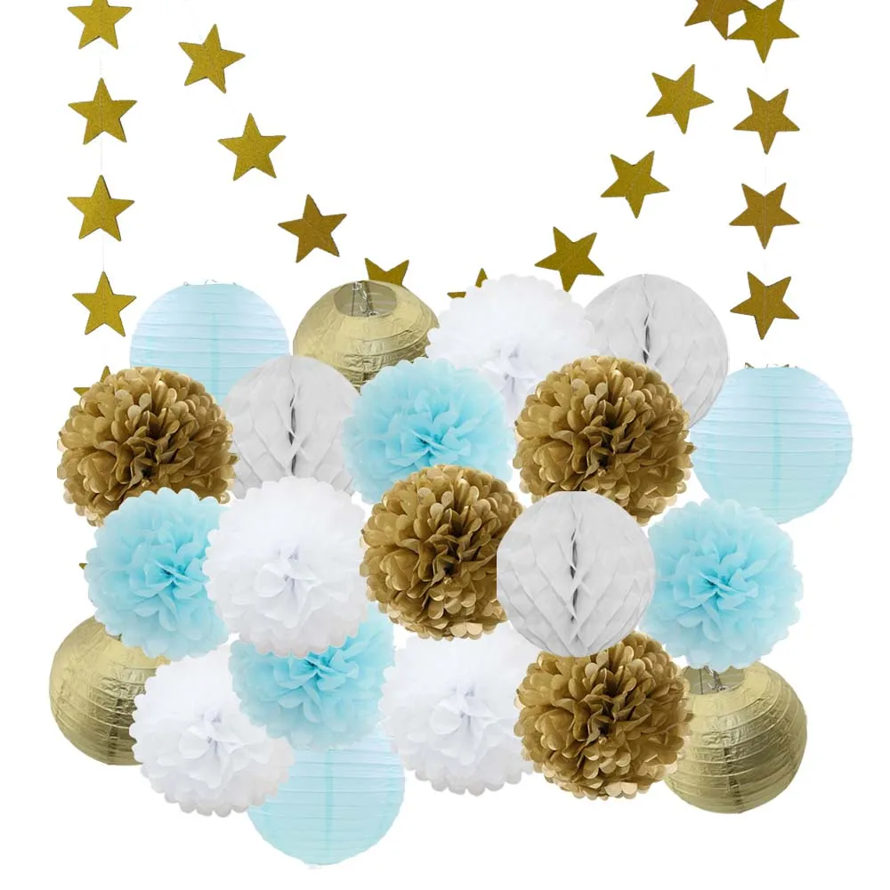 Gold Light Blue set Лидер продаж 22 шт./компл. золото/черный/белая Круглая Бумажная Фонари Выпускной 50th День рождения одолжение рождественское год висит Изделия из бумаги - Color: Gold Light Blue set