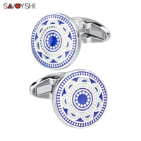 savoyshi blue enamel pattern cufflinks high polishing metal buttons for bussiness wedding gift shirt cuff links free engraving