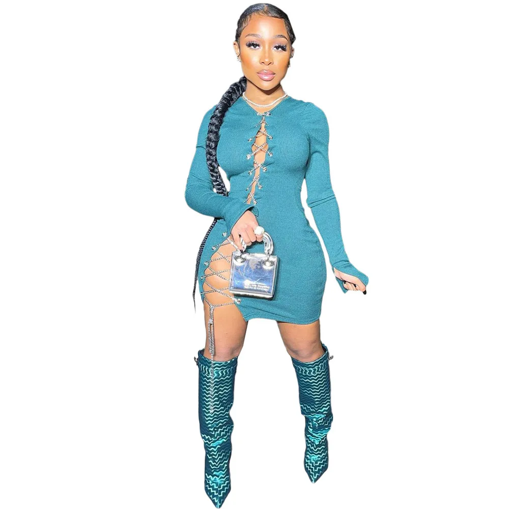 

Chain Cross Lace Up Ribbed Sexy Slim Fit Dresses 2021 Woman Hollow Out Long Sleeve Bodycon Dress Spring Solid Package Hip Dress