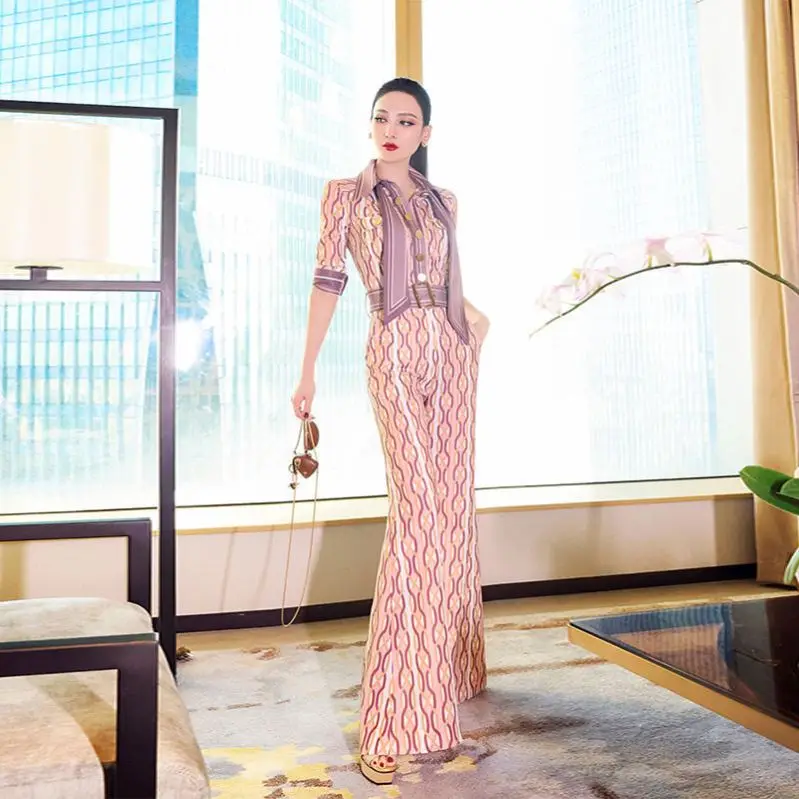 

Women Elegant Print Jumpsuit Lady Office Wear High Waist Wide Leg Pants