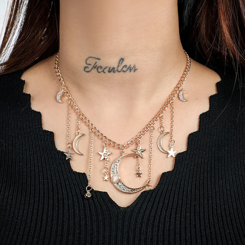 

Vintage Gold Crystal Moon Stars Necklaces Women Summer Bohemian Tassel Layers Pendant Necklace Collar Jewelry Party Gift