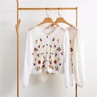 korean version temperament embroidery long sleeved knitted shirt cardigan women shirts blouses corset top blouse