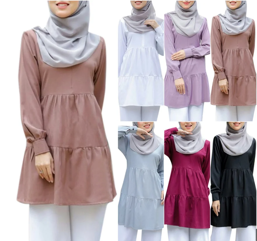 

Malaysia Autumn Muslim Long Sleeve Blouse Pullover Women O-Neck Ruffles Tops Female Shirt Blusas Femininas Islamic Clothing