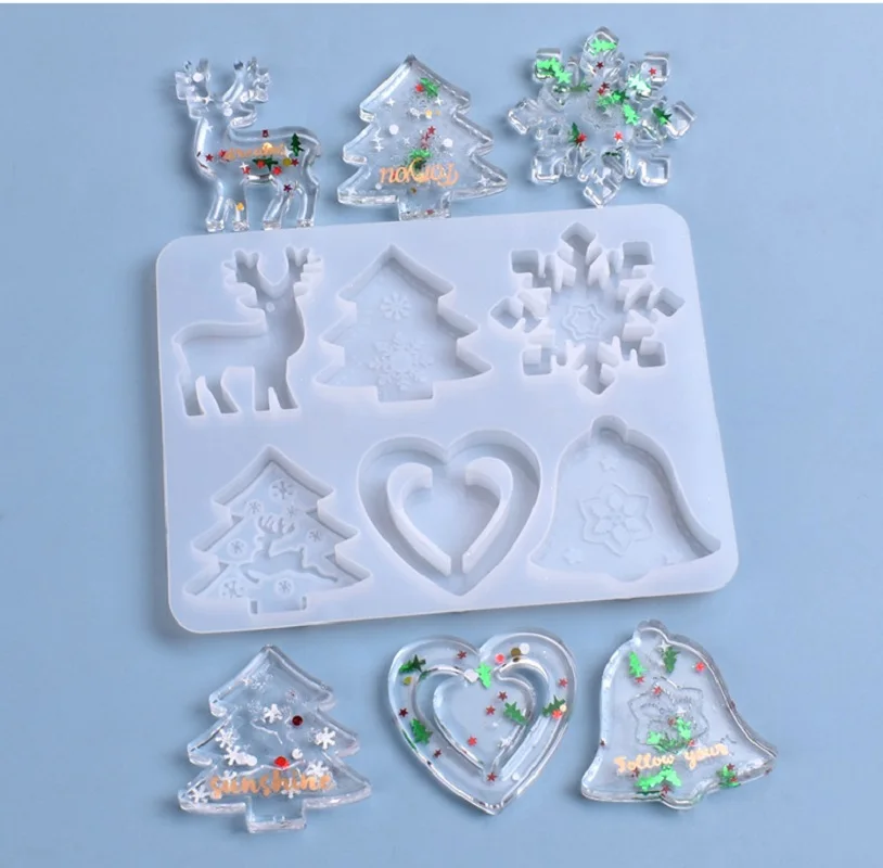 

New Hot Selling Christmas Pendant Diy Crystal Epoxy Mold 6 Grid Love Bells Elk Christmas Tree Ornaments Silicone Mold Crafts