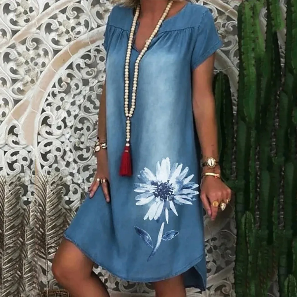 Женское платье-багги Повседневное платье-туника с коротким рукавом и цветочным