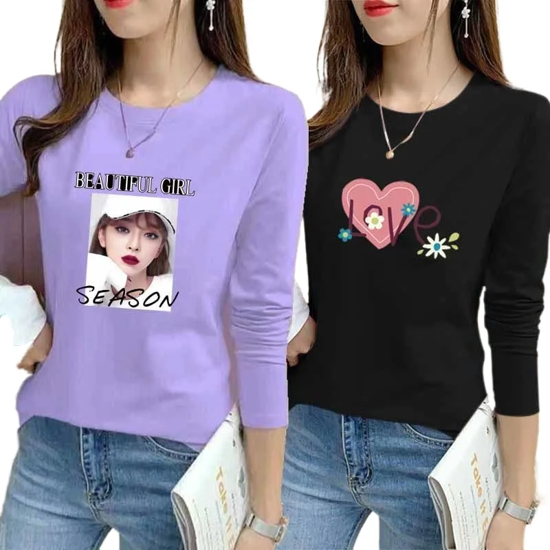 

Long-Sleeved T-Shirt Women 100% Cotton printing Loose oversized korean Spring New Casual Comfort Tops Buy One Get One Free