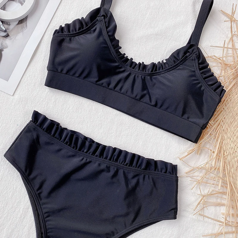 

Bikinis 2021 Women High Waist Thong Solid Swimwear Sexy Top Bathing Suits Beach Wear Bikini Set