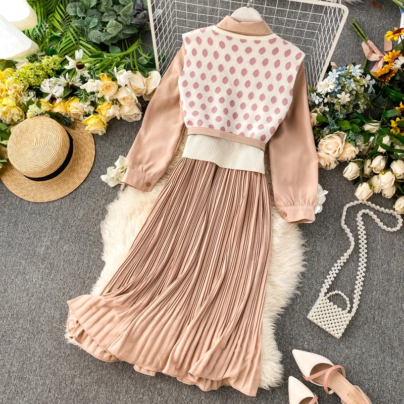 

FTLZZ Vintage Two Pieces Shirt Dress Set Women Vest Knitted Sweater Dress Suit Spring Female Jumper With Belt Sweater Dress