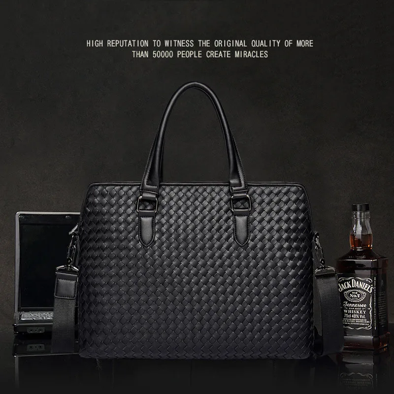 Men's Luxury Brand Business Briefcase Large Capacity Authentic Leather Woven Classic Shoulder Handbag 14-Inch Notebook