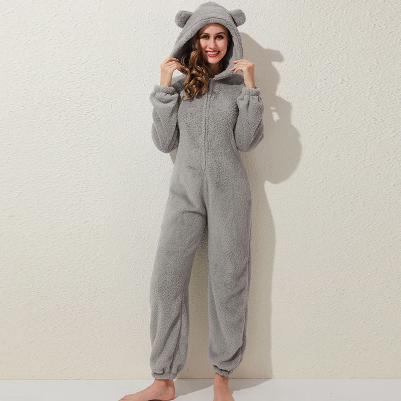 

Adults Animal Sleepwear Long Sleeve Hooded Fleece Comfortable Pajamas Casual Winter Warm Solid Cute Bear Ladies Pajamas
